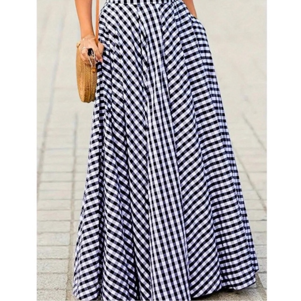 Classic Gingham High Waisted Flowy Maxi Skirt S M L XL - Picture 4 of 5